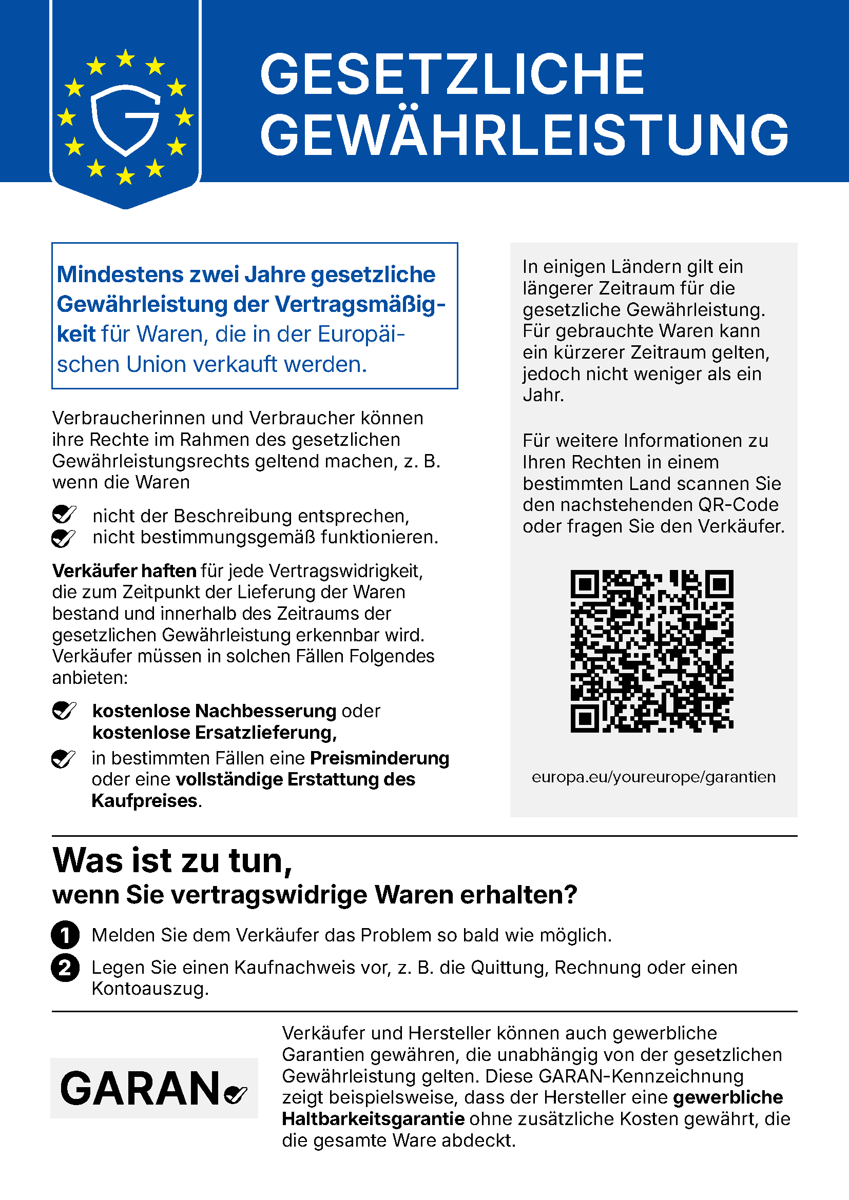 Gesetzliche Gewährleistung: mindestens 2 Jahre EU-weit